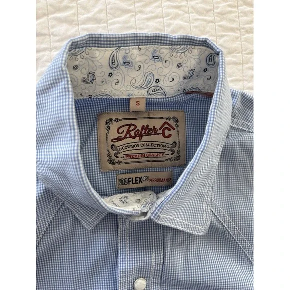 Rafter C Cowboy Collection Pro Flex 45 Mens SMALL White Blue Check Pearl Snap - Picture 2 of 9